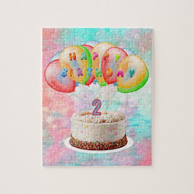 Nummer 2 Candle on Cake, Happy Birthday, farbenfro Puzzle (Vertikal)