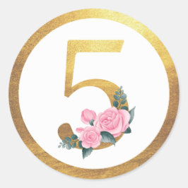 Nummer 5 Fünf rosa Rosen, Blüten und elegantes Gol Runder Aufkleber