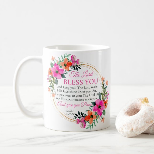 Nummern 6:24-26 Christlicher rosa Blumenkranz Kaffeetasse (Mit Donut)