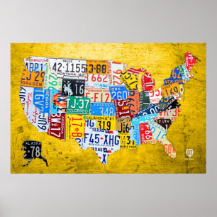 Nummernschild Karte der USA auf Yellow Wood Board Poster