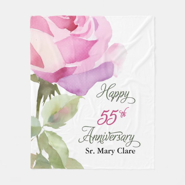 Nun 55th Anniversary Jubilee Custom Name Pink Rose Fleecedecke (Vorderseite)