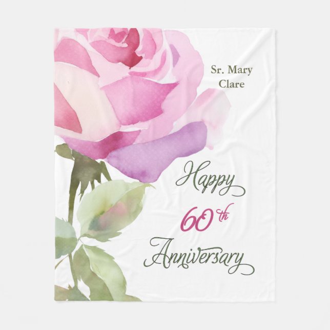 Nun 60th Anniversary Jubilee Custom Name Pink Rose Fleecedecke (Vorderseite)