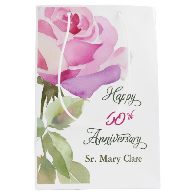 Nun 60th Anniversary Jubilee Custom Name Pink Rose Mittlere Geschenktüte (Vorderseite)