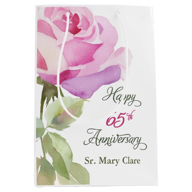 Nun 65th Anniversary Custom Name Pink Rose Mittlere Geschenktüte (Vorderseite)