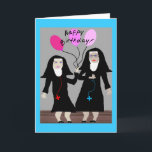 Nun Geburtstagsgeschenke "Happy Birthday Sister" Karte<br><div class="desc">Katholische Geburtstagskarte,  Tasse,  Taschen,  Postkarten und Knöpfe.  Zwei Nonnen,  eine mit rosa Ballons.  Schön!</div>