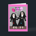 Nun Geburtstagsgeschenke "Happy Birthday Sister" Karte<br><div class="desc">Katholische Geburtstagskarte,  Tasse,  Taschen,  Postkarten und Knöpfe.  Zwei Nonnen,  eine mit rosa Ballons.  Schön!</div>