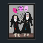 Nun Geburtstagsgeschenke "Happy Birthday Sister" Postkarte<br><div class="desc">Katholische Geburtstagskarte,  Tasse,  Taschen,  Postkarten und Knöpfe.  Zwei Nonnen,  eine mit rosa Ballons.  Schön!</div>