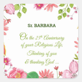 Nun Religious 25-jähriges Jubiläum Watercolor Blum Quadratischer Aufkleber