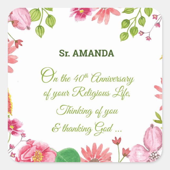 Nun Religious 40 Jahre Jubiläum Wasserfarbe Blume Quadratischer Aufkleber (Vorderseite)