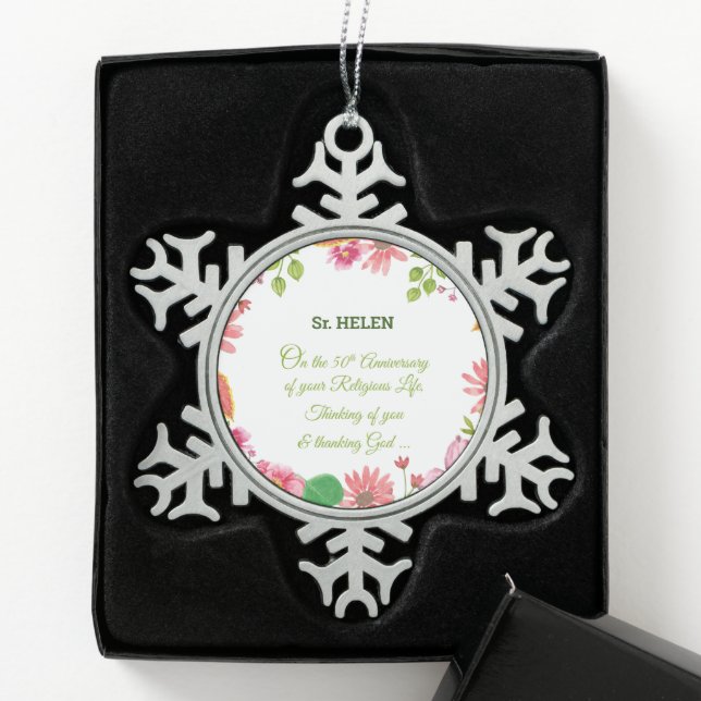 Nun Religious 50 Jahre Jubiläum Wasserfarbe Blume Schneeflocken Zinn-Ornament (Box)