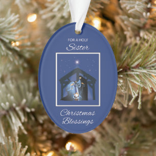 Nun Weihnachts Segen Manger on Blue Ornament