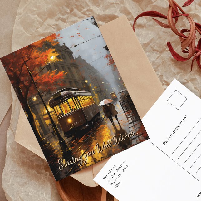 Nun wünscht Regenfallbahn in Lissabon, Portugal Postkarte (Well Wishes rainy Fall Tram in Lisbon, Portugal Postcard)