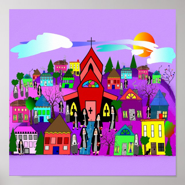Nuns Art Poster "Heading to Church" Whimsical (Vorne)