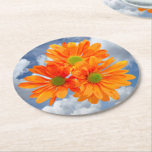 Nur 3 Gerbera Daisy Blüten + Ihr Text & Ideen Runder Pappuntersetzer