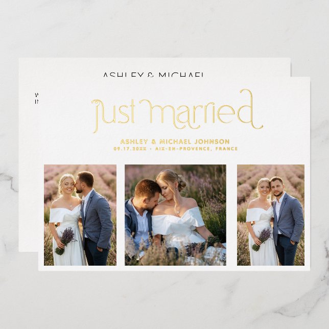 Nur 4 Foto Empfang modern nur verheiratet Gold Folieneinladung (Vorderseite/Rückseite)