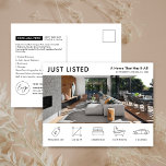 Nur aufgelistete Immobilien Modernes Real Anwesen  Postkarte<br><div class="desc">Moderne Just Listed Real Anwesen Marketing Postkarte mit Platz für Ihr Logo, Immobilien-Foto und Immobilien-Details mit Icons. Diese komplett anpassbare schwarz-weiße Eigenschaft für den Verkauf Werbepostkarte bietet ein berufliches Design mit Platz für Ihre benutzerdefinierten Text- und Eigenschaftendetails. Eine einfache Möglichkeit, Ihre Haus- oder Appartementliste zu werben, um Käufer in der...</div>