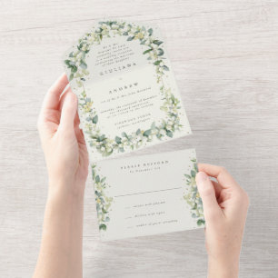 Nur Creme/grüne Snowberry+Eukalyptus-Empfang All In One Einladung