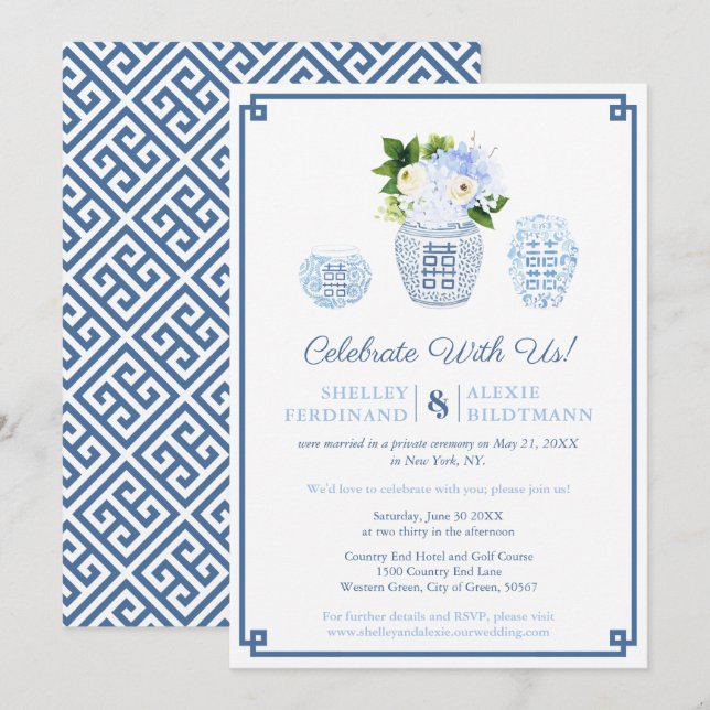 Nur der Empfang von Blue and White Wedding Ginger  Einladung (Vorne/Hinten)