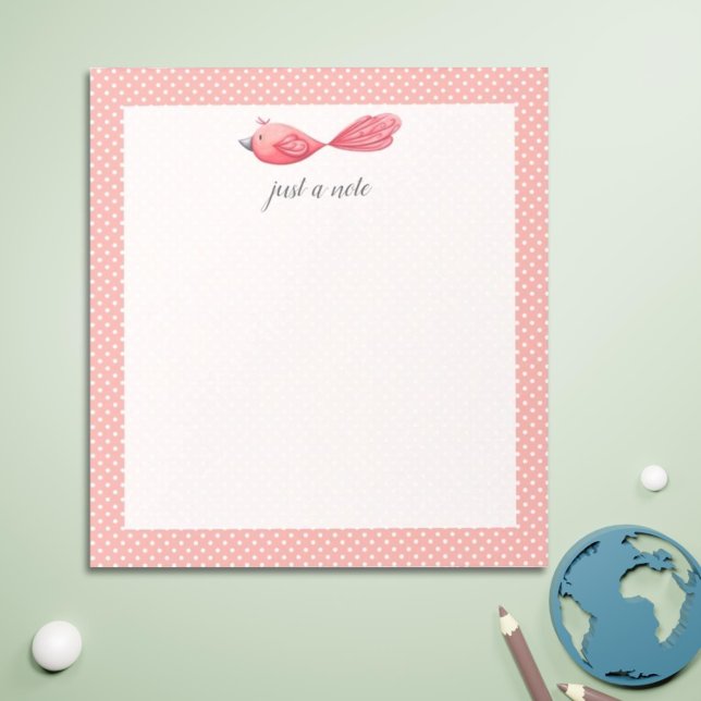 Nur ein Hinweis: Rosa weiße Polka Dot Bird Notepad Notizblock (Cute Pink Bird Notepad for Teachers and Back to School)