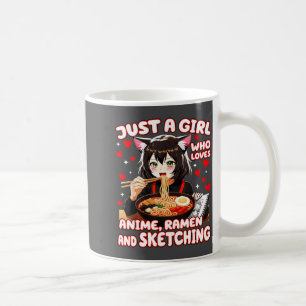 Nur ein Mädchen, das Anime-Ramen und Skizzieren li Kaffeetasse