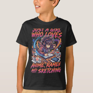 Nur ein Mädchen, das Anime-Ramen und Skizzieren vo T-Shirt