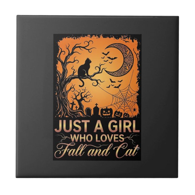 Nur ein Mädchen, das den Herbstkatzen-Halloweenmon Fliese (Vorderseite)