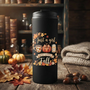 Nur ein Mädchen, das die Herbstsaison Kaffee Herbs Thermosbecher