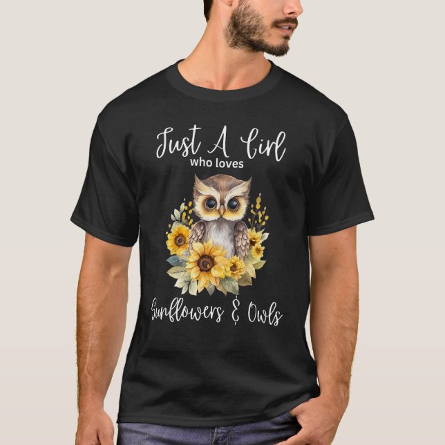 Nur ein Mädchen, das Eulen und Sonnenblumen Liebe  T-Shirt (Vorderseite)
