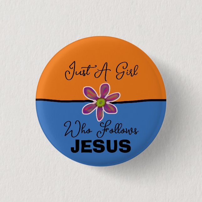 Nur ein Mädchen, das Jesus Orange Blue folgt Button (Vorderseite)