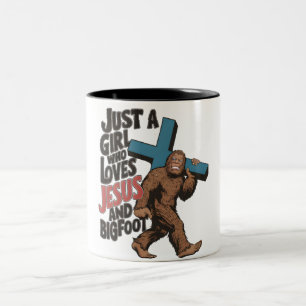 Nur ein Mädchen, das Jesus und Bigfoot Sasquatch L Zweifarbige Tasse