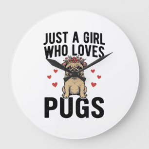 Nur ein Mädchen, das Pug-Hunde im Vintage-Stil lie Große Wanduhr