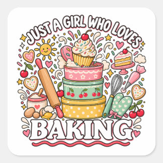 Nur ein Mädchen, das süße Kirsch-Cupcakes backen l Quadratischer Aufkleber