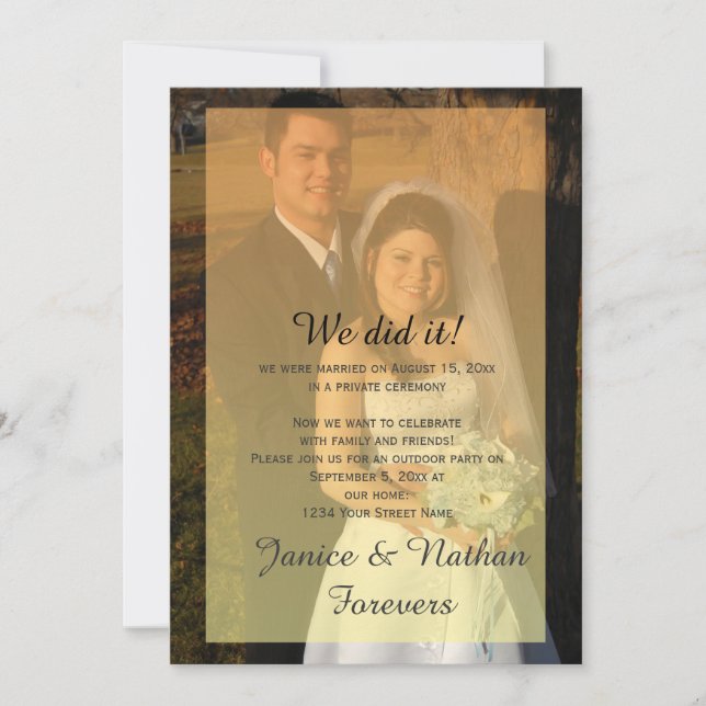 Nur gelbes Orange Ombre Overlay Foto Empfang Einladung (Vorderseite)