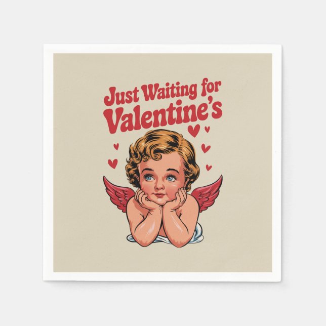 Nur Gewartet für Valentins Retro Baby Cupid Liebe Serviette (Vorderseite)