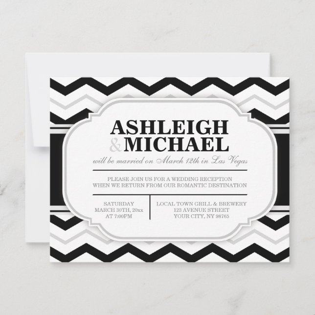 NUR Graue und Schwarz-weiße Zickzack Hochzeitsempf Einladung (Vorderseite)