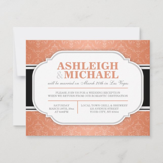 NUR Gray & Orange Damask Wedding Empfang Einladung (Vorderseite)