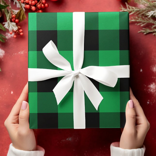 Nur grün und schwarz Buffalo Karierte Weihnachten Geschenkpapier Set (Green and Black Buffalo Plaid Christmas Wrapping Paper Sheets)