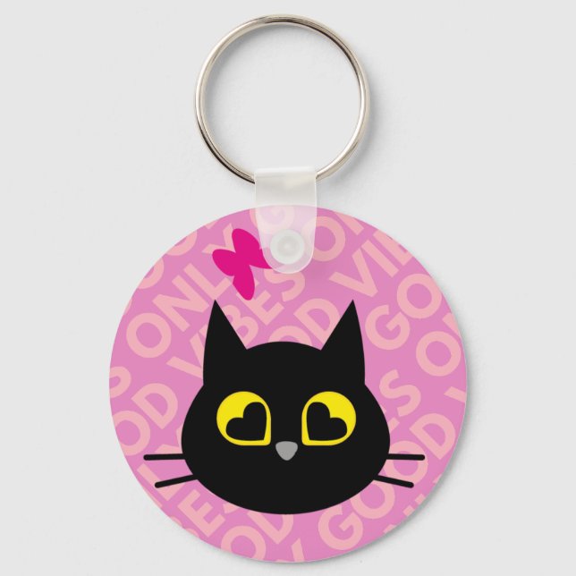 NUR GUTE VIBEN! Funny Black Cat Key Ring Schlüsselanhänger (Vorderseite)