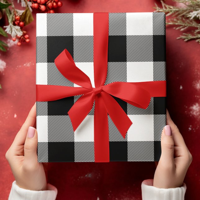 Nur Karierte Weihnachten in Weiß und Schwarz Buffa Geschenkpapier Set (Black and White Buffalo Plaid Christmas Wrapping Paper Sheets)