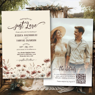 Nur Liebe! Boho Wildblumen Foto QR Code Hochzeit Einladung