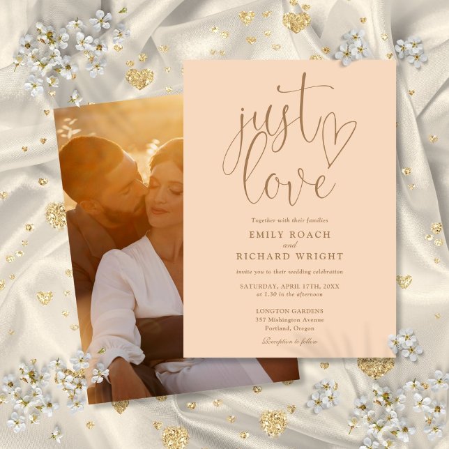 Nur Liebe Elegantes Script Foto Soft Peach Hochzei Einladung (Just Love Elegant Script Photo Soft Peach Wedding Invitation)