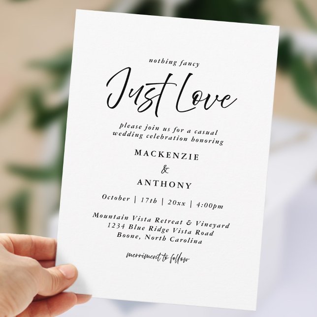 Nur Liebe handgeschriebene Hochzeit Schwarz-weiß m Einladung (Just Love Handwritten Wedding Black White Modern Invitation)