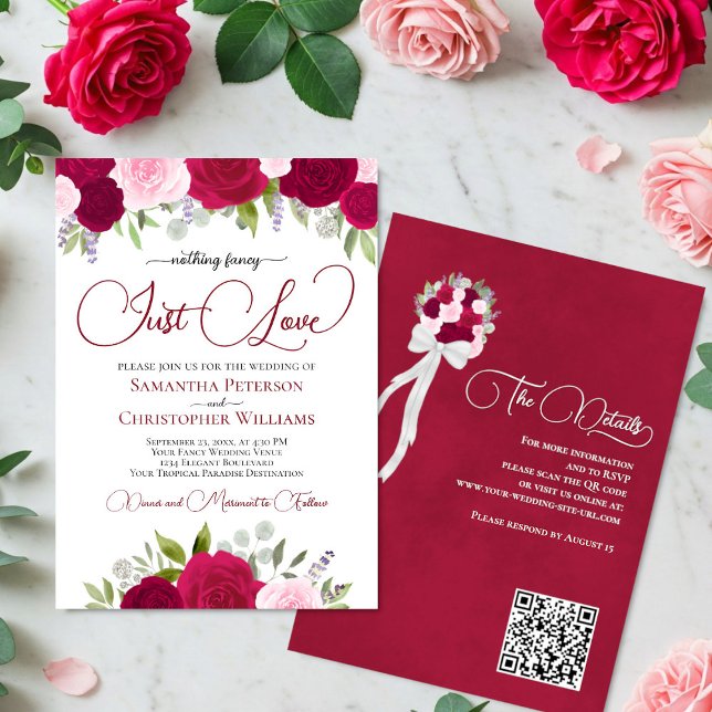 Nur Liebe Hot Pink & Blush Rose QR Code Hochzeit Einladung (Front/Back)