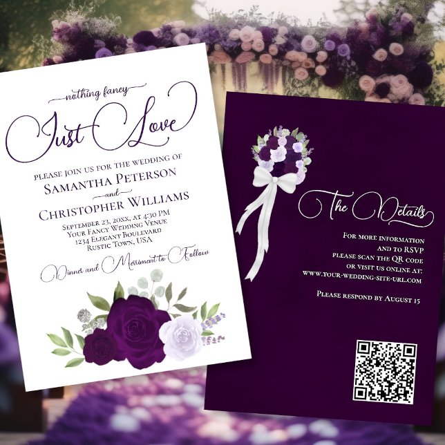 Nur Liebe Lila Rose QR Code Boho Blumenhochzeit Einladung (Front/Back)