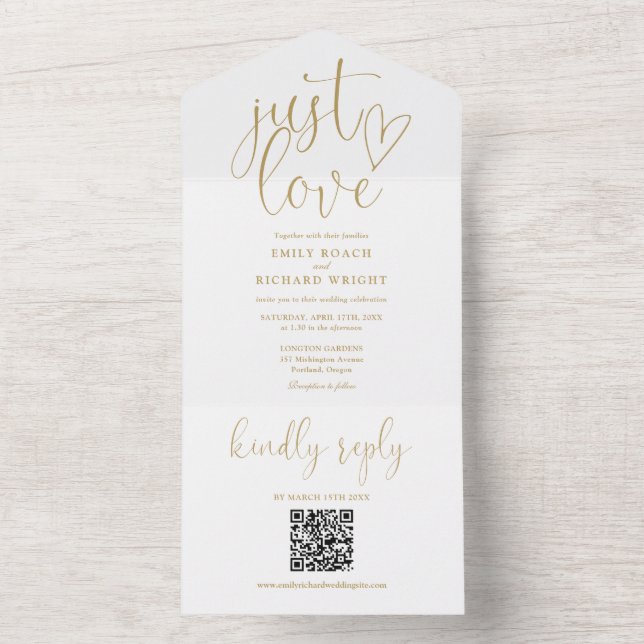 Nur Liebe Moderne QR Code Chic Gold Hochzeit All In One Einladung (Innen Boden)