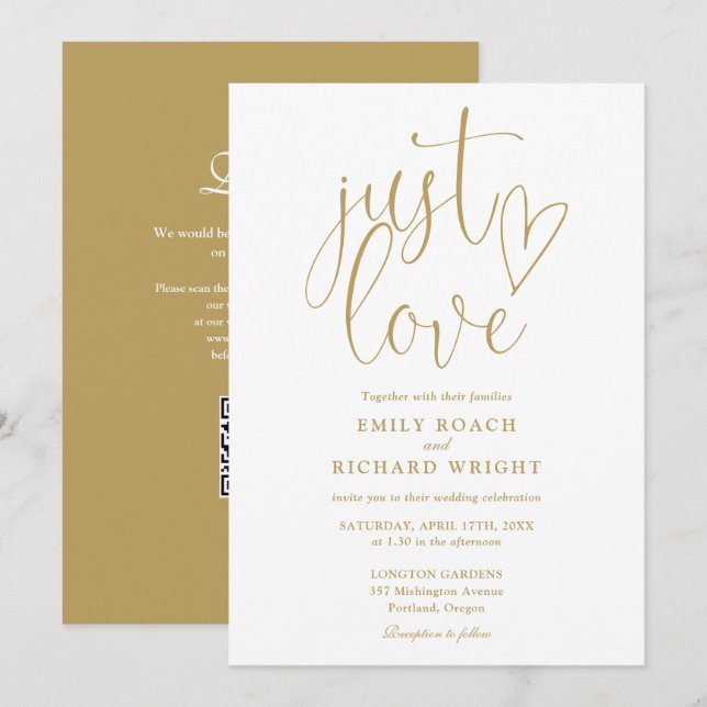 Nur Liebe Moderne QR Code Chic Gold Hochzeit Einladung (Vorne/Hinten)
