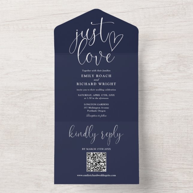 Nur Liebe Moderne QR Code Navy Blue Wedding All In One Einladung (Innen Boden)