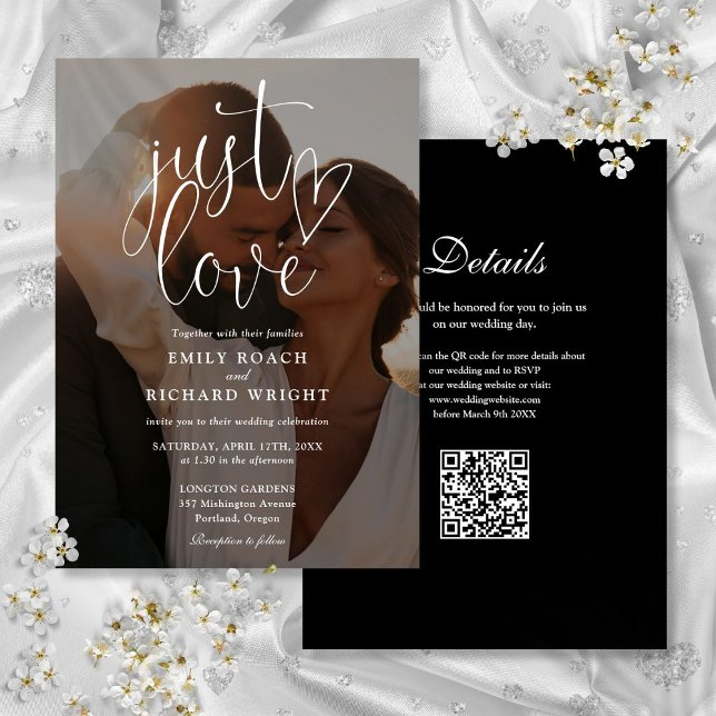 Nur Liebe Modernes Foto QR Code Hochzeit Einladung (Just Love Modern Script QR Code Photo Wedding Invitation)
