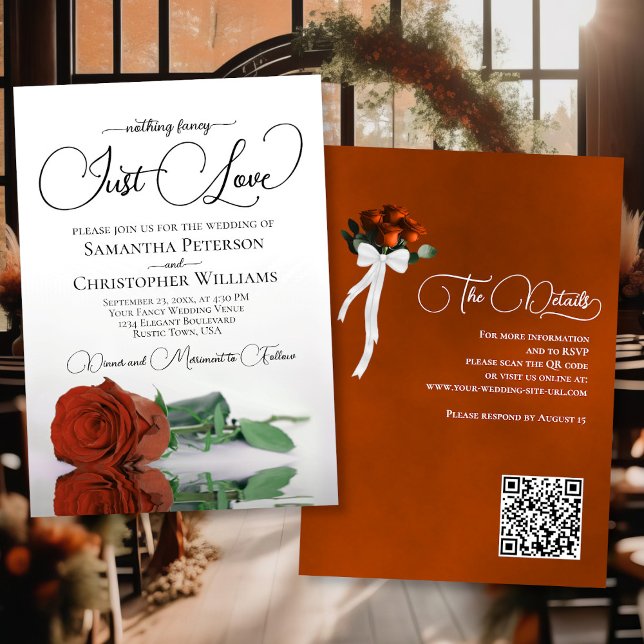 Nur Liebe Rost Orange Rose QR Code Hochzeit Einladung (Front/Back)