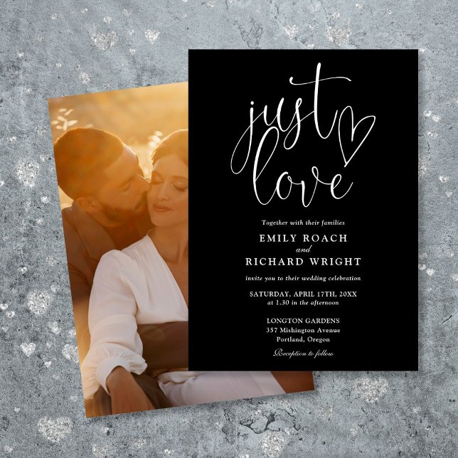 Nur Liebe Script Foto Schwarz und Weiß Hochzeit Einladung (Just Love Script Photo Black And White Wedding Invitation)